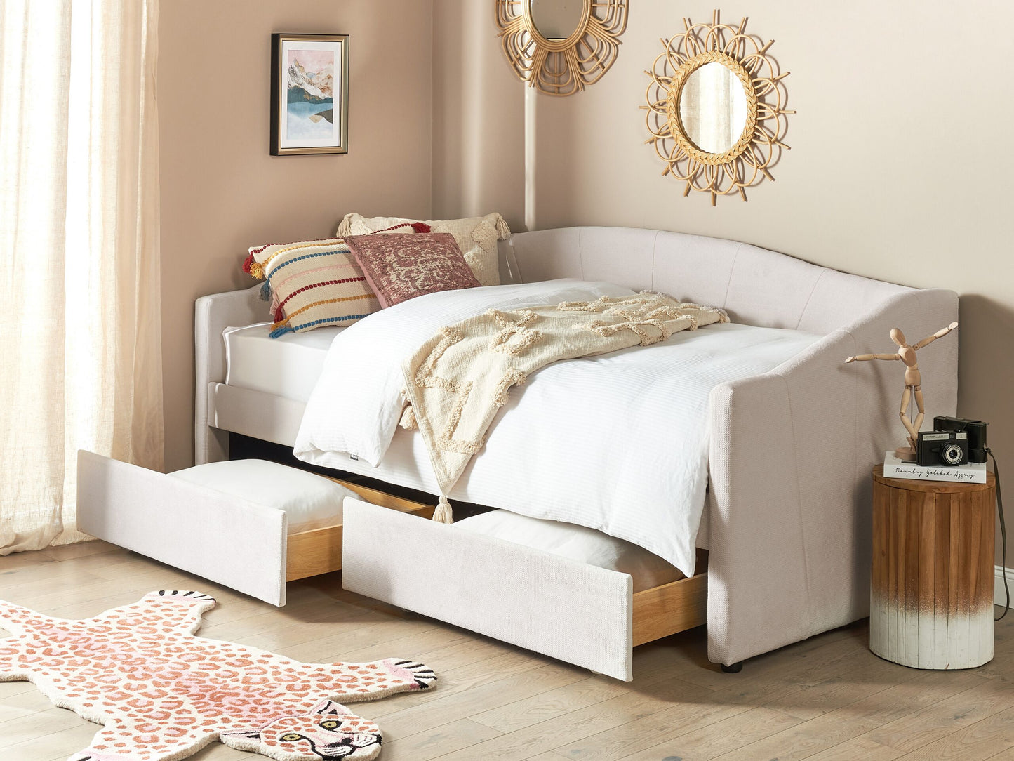 Modern Light Beige Daybed with Storage & Slatted Frame