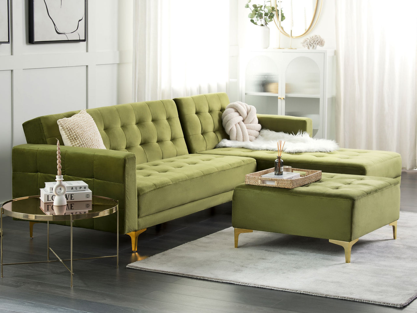 Luxurious Green Velvet L-Shaped Sofa Bed with Ottoman