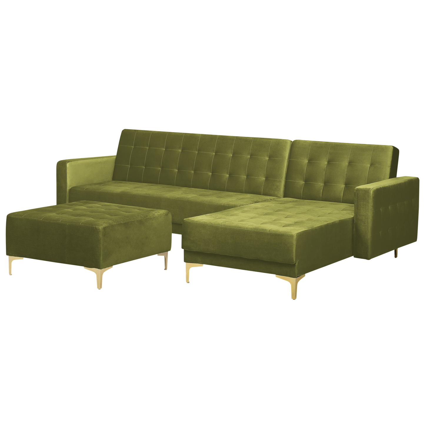 Luxurious Green Velvet L-Shaped Sofa Bed with Ottoman