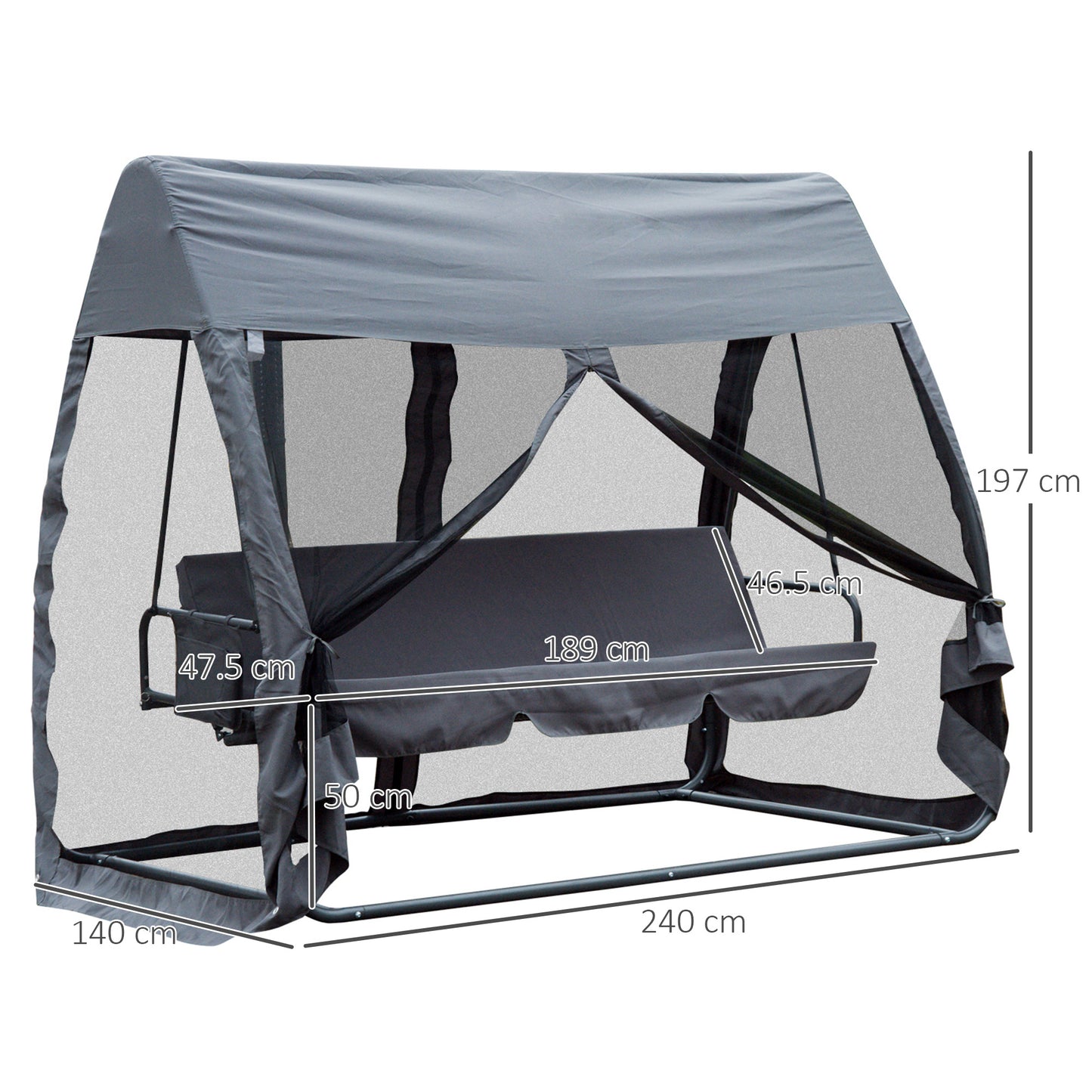 Outsunny Swing Chair Lounger Bed, 3 Persons, Convertible-Grey