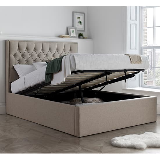 King Size Ottoman Storage Bed in Oatmeal Fabric with Buttoned Headboard