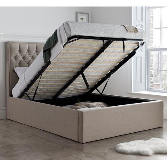 King Size Ottoman Storage Bed in Oatmeal Fabric with Buttoned Headboard