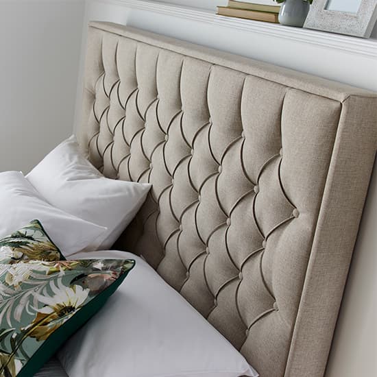 King Size Ottoman Storage Bed in Oatmeal Fabric with Buttoned Headboard