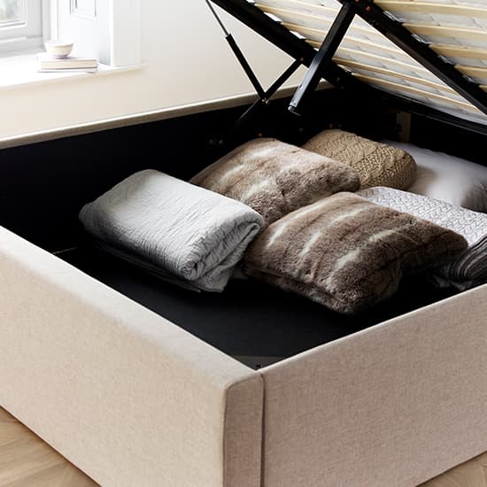 King Size Ottoman Storage Bed in Oatmeal Fabric with Buttoned Headboard