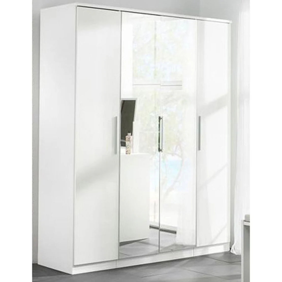 Elegant White High-Gloss 4-Door Wardrobe with Mirrors - Mirage Minuet Collection