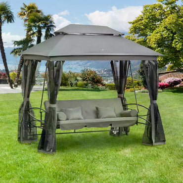 Outsunny 3 Seater Swing Chair 3-in-1 Convertible Garden Swing Seat Bed Gazebo Patio Bench Outdoor with Double Tier Canopy, Cushioned Seat, Mesh Sidewalls, Grey