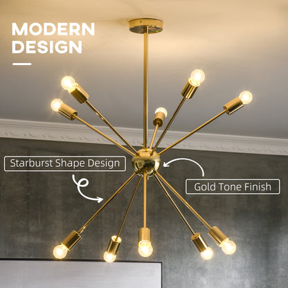 HOMCOM odern Sputnik Ceiling Lights, 10-Light Chandelier for Bedroom Living Room with E27 Base, Gold Tone