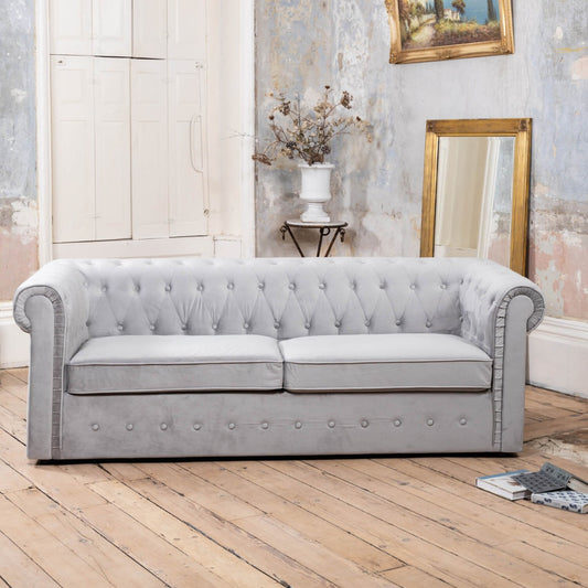 Grey Velvet Chesterfield 3-Seater Sofa Bed with Pull-Out Foam Mattress