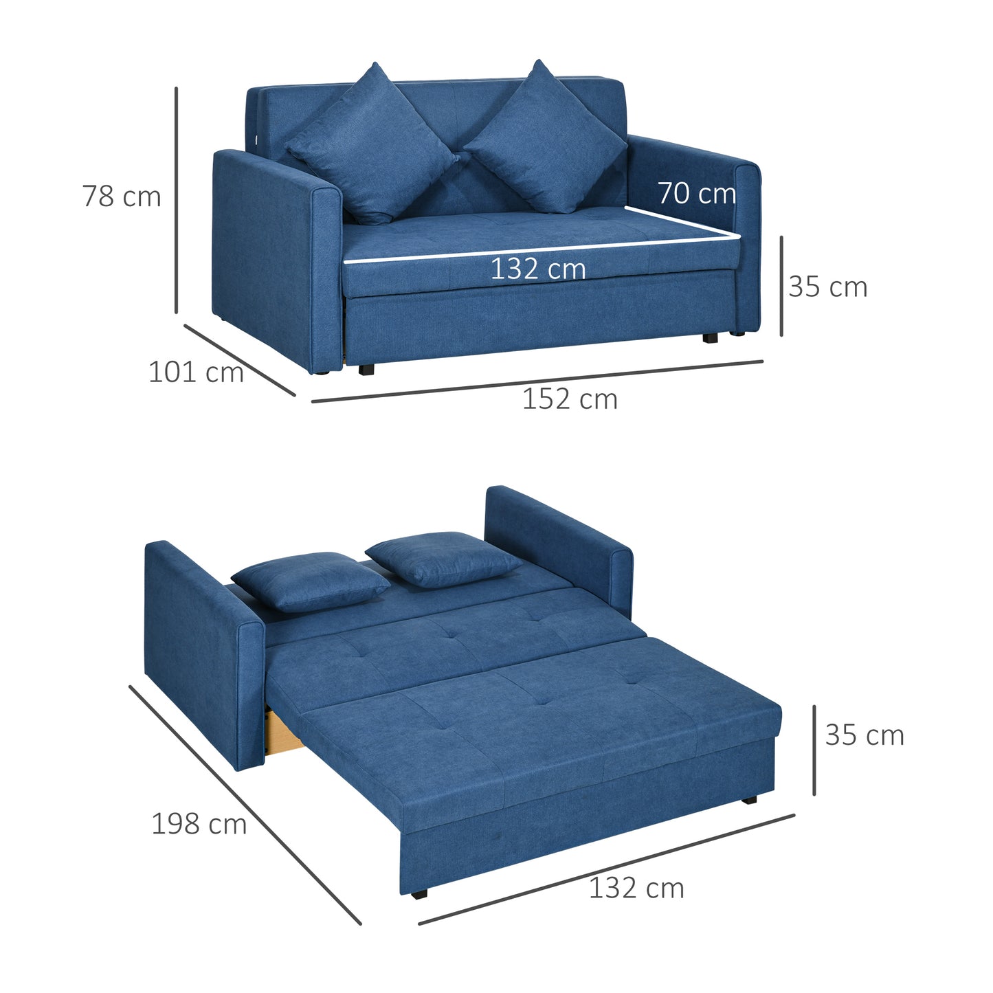 HOMCOM 2 Seater Sofabed, Convertible Bed Settee, Modern Fabric Loveseat Sofa Couch with 2 Cushions, Hidden Storage for Living Room, Guest Room, Deep Blue Fabric