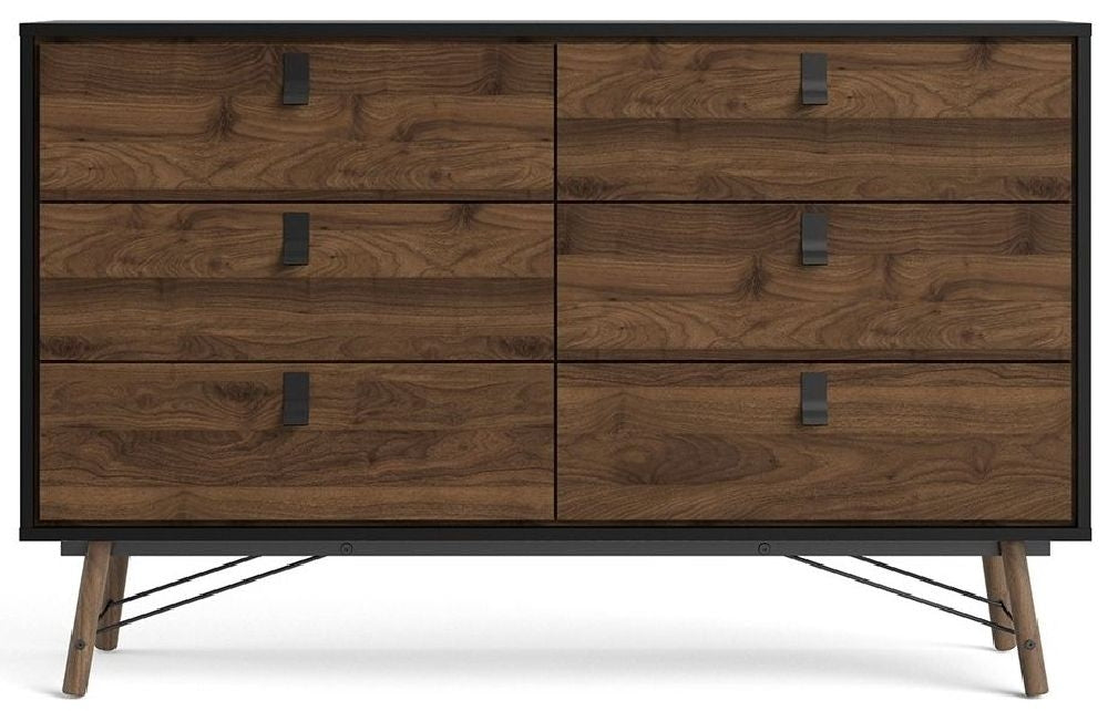 Ry Wide Double Chest of Drawer 6 Drawer in Matt Black Walnut - Nestium