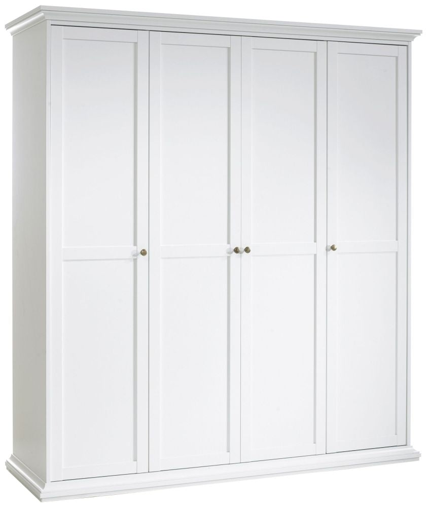Paris Wardrobe with 4 Door in White | Hinged | White | Shelves | 4 Doors | 181.4cm
