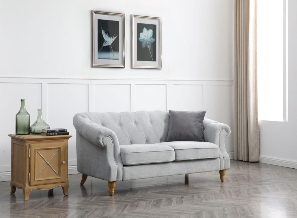 Celeste Grey Soft Touch Woven Fabric 3 Seater Chesterfield Sofa