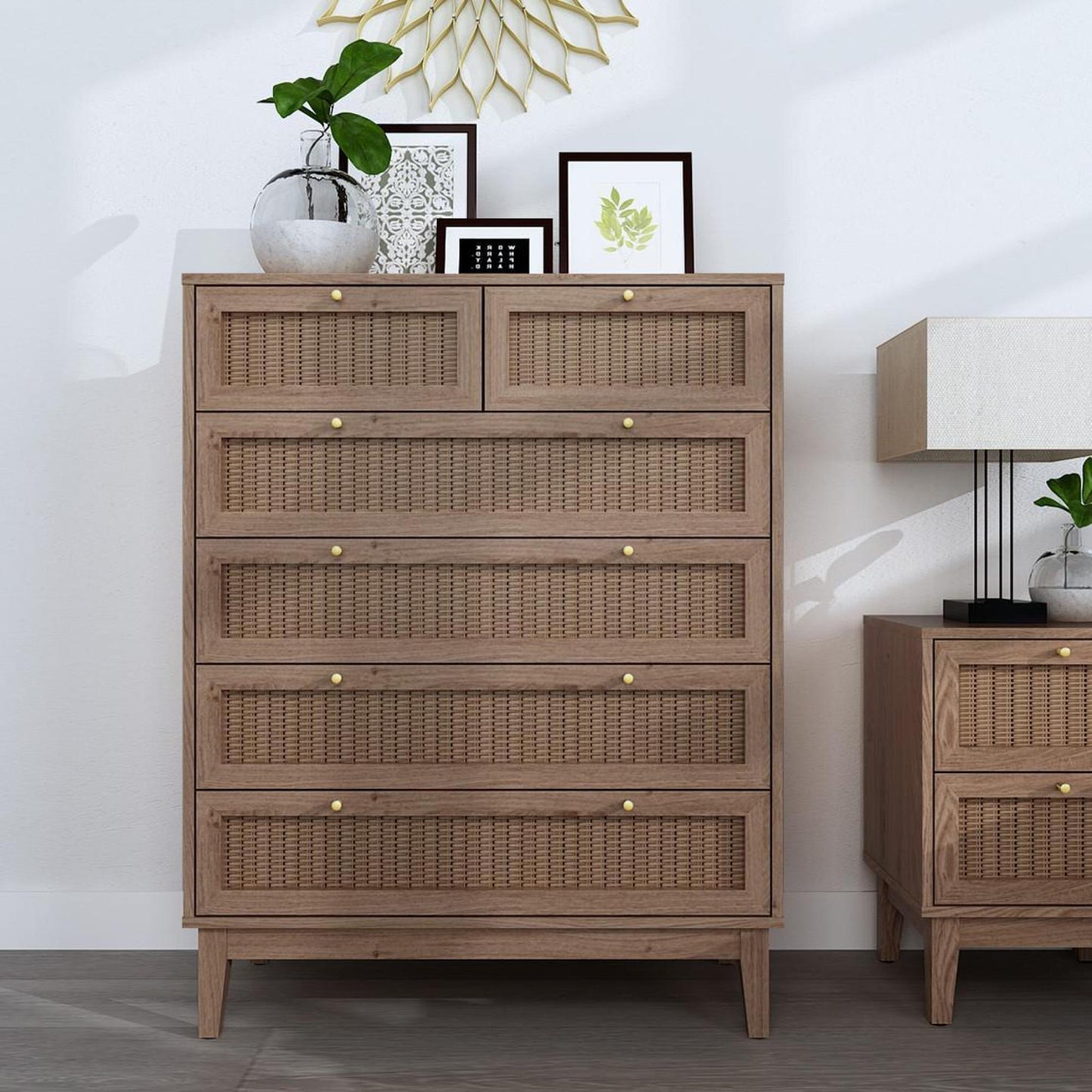 Bordeaux Oak and Faux Rattan Chest of Drawer - Nestium