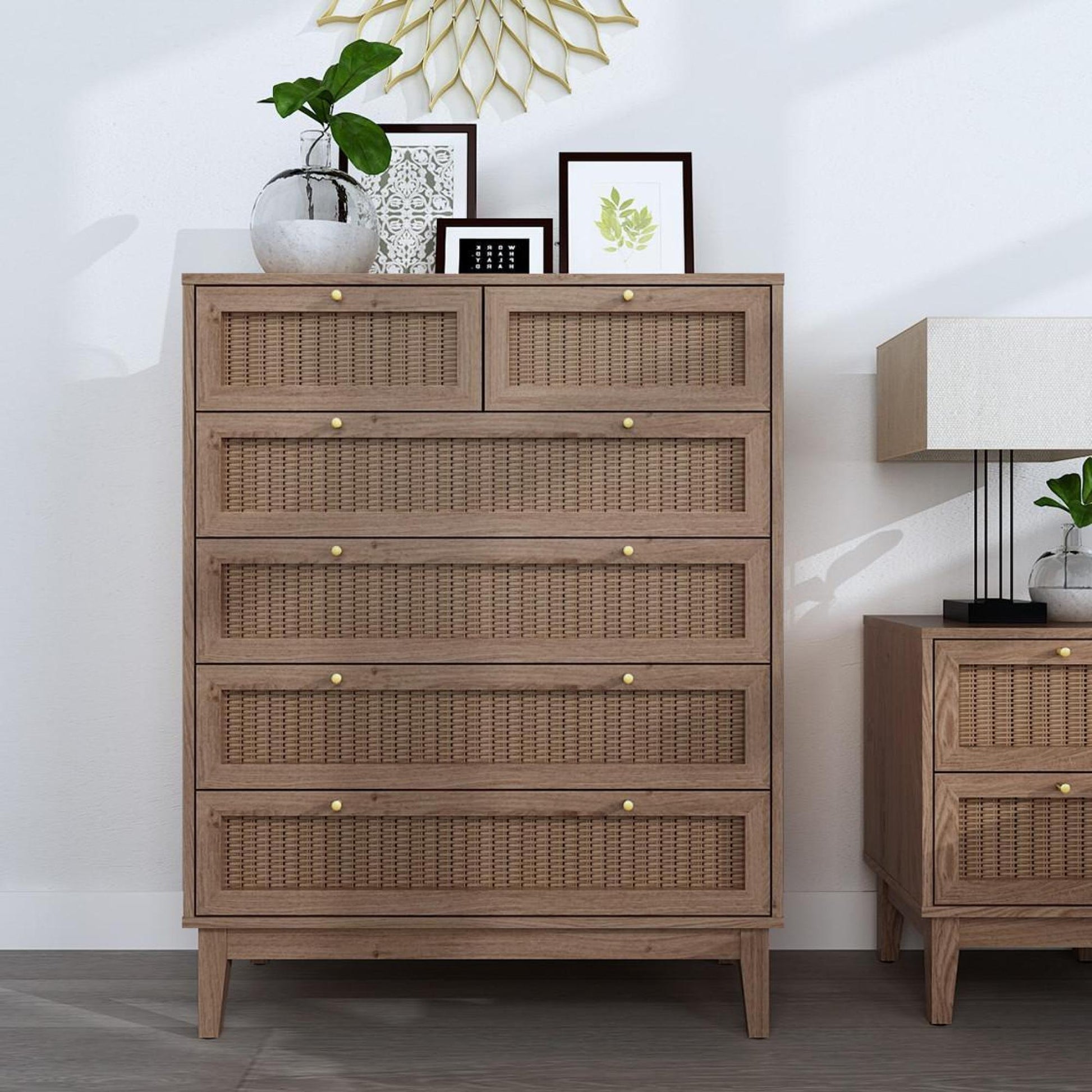 Bordeaux Oak and Faux Rattan Chest of Drawer - Nestium