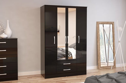 Lynx Black 4 Door Mirrored Wardrobe - 2 Drawers - Nestium