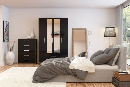 Lynx Black 4 Door Mirrored Wardrobe - 2 Drawers - Nestium