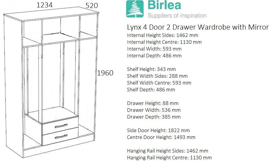Lynx Black 4 Door Mirrored Wardrobe - 2 Drawers - Nestium