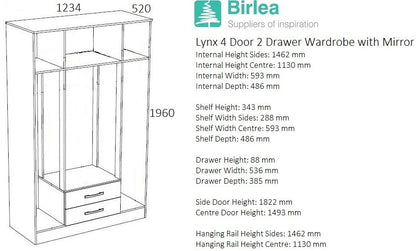 Lynx Black 4 Door Mirrored Wardrobe - 2 Drawers - Nestium