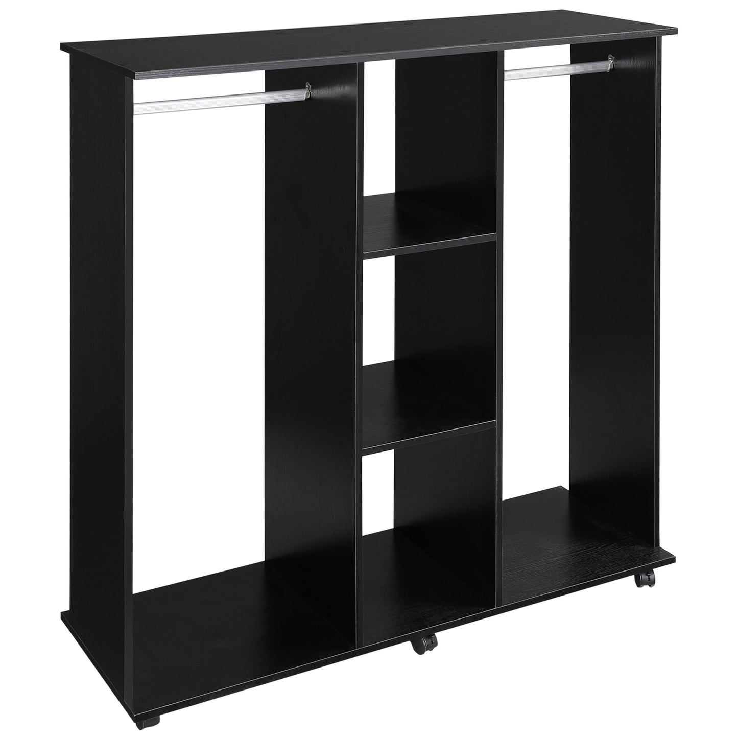 HOMCOM ouble Open Wardrobe on Wheels, Bedroom Wardrobe with Clothes Hanging Rails, 3 Storage Shelves, Mobile Garment Rack for Cloakroom, Hallway, Black