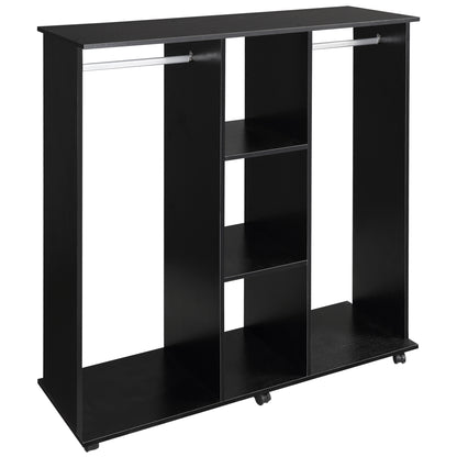 HOMCOM ouble Open Wardrobe on Wheels, Bedroom Wardrobe with Clothes Hanging Rails, 3 Storage Shelves, Mobile Garment Rack for Cloakroom, Hallway, Black