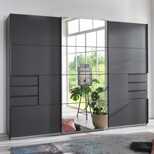 Graphite Grey 3-Door Sliding Wardrobe with Mirror | Spacious Storage & Modern Design | Senegal Collection