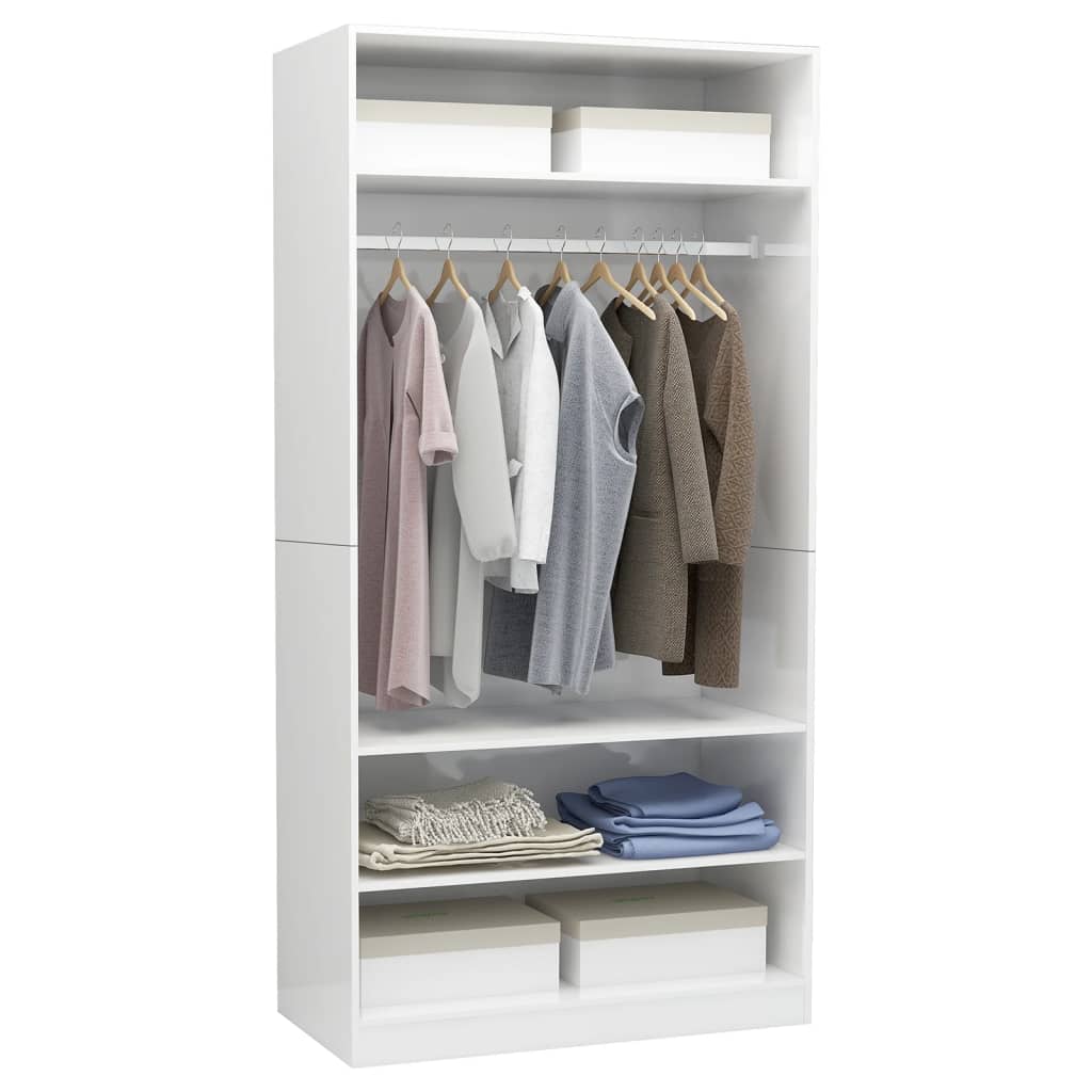 Wardrobe High Gloss White | Hinged | Engineered Wood | 3 Compartments | 1 Door | 100cm