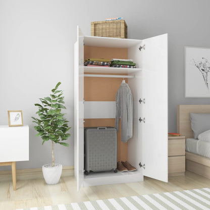 Wardrobe High Gloss White 80X52X180 Cm Engineered Wood | Hinged | High Gloss White | Hanging Rod | 2 Doors | 80cm