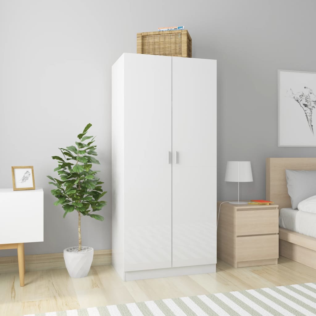 Wardrobe High Gloss White 80X52X180 Cm Engineered Wood | Hinged | High Gloss White | Hanging Rod | 2 Doors | 80cm
