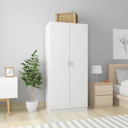 Wardrobe High Gloss White 80X52X180 Cm Engineered Wood | Hinged | High Gloss White | Hanging Rod | 2 Doors | 80cm
