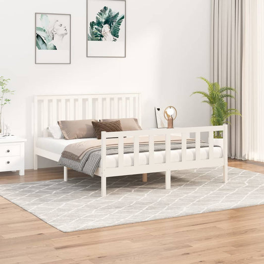Bed Frame With Headboard White 150X200 Cm King Size Solid Wood Pine