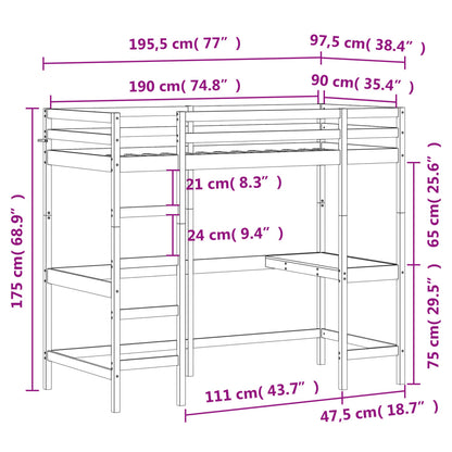 Loft Bed With Desk White 90X190 Cm Solid Wood Pine