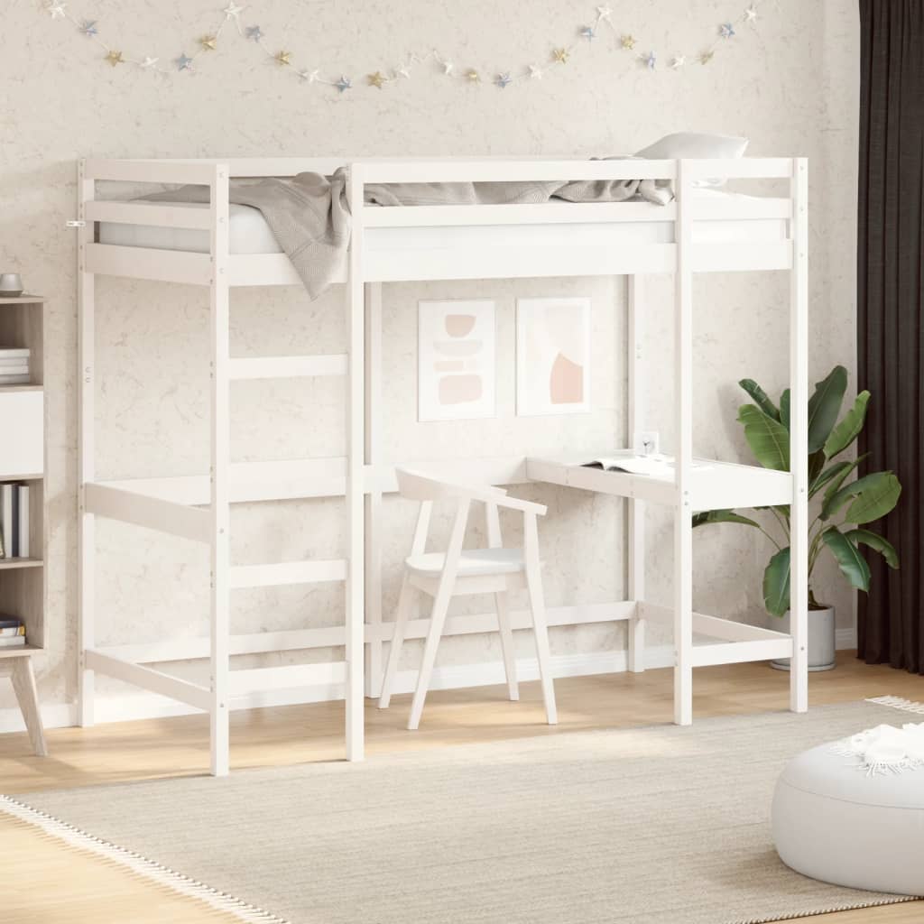 Loft Bed With Desk White 90X190 Cm Solid Wood Pine