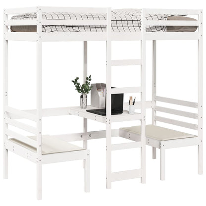Loft Bed Frame With Desk And Chairs White 90X200Cm Solid Wood Pine