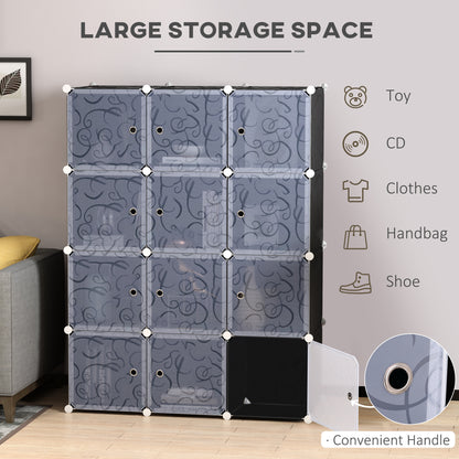 HOMCOM ortable Wardrobe for Bedroom, 12 Cube Closet with 2 Hanging Rails, Modular Storage Cabinet, Plastic Armoire for Space Saving, White and Black