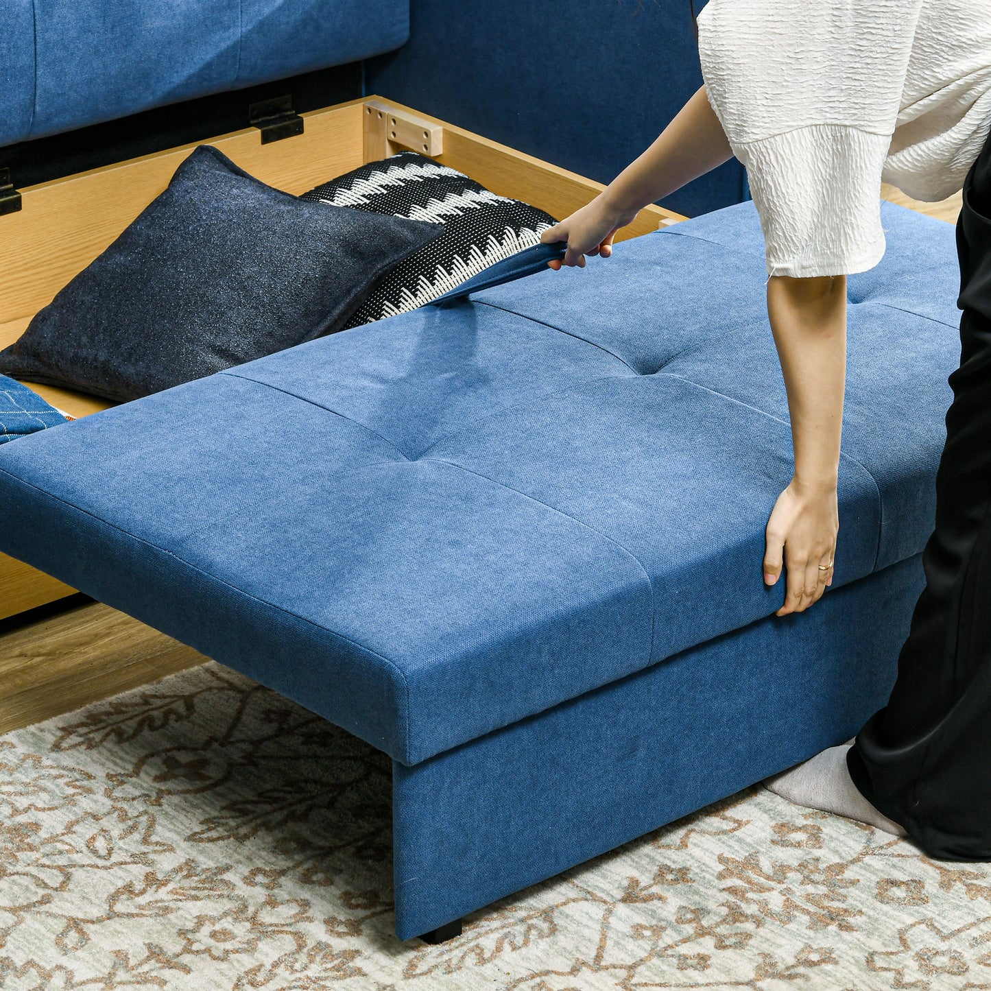 HOMCOM 2 Seater Sofabed, Convertible Bed Settee, Modern Fabric Loveseat Sofa Couch with 2 Cushions, Hidden Storage for Living Room, Guest Room, Deep Blue Fabric