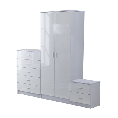 HOMCOM igh Gloss 3 Piece Trio Bedroom Furniture Set Wardrobe + Chest Of Drawer + Bedside White