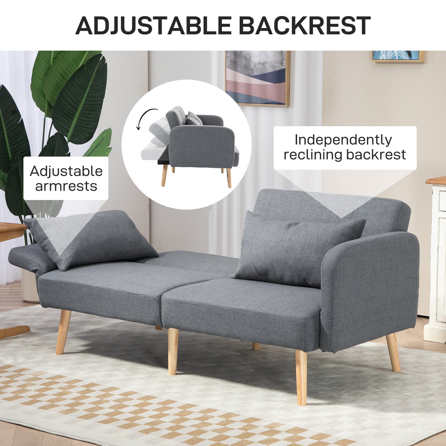 HOMCOM wo-Seater Click-Clack Sofa Bed, with Pillows - Grey