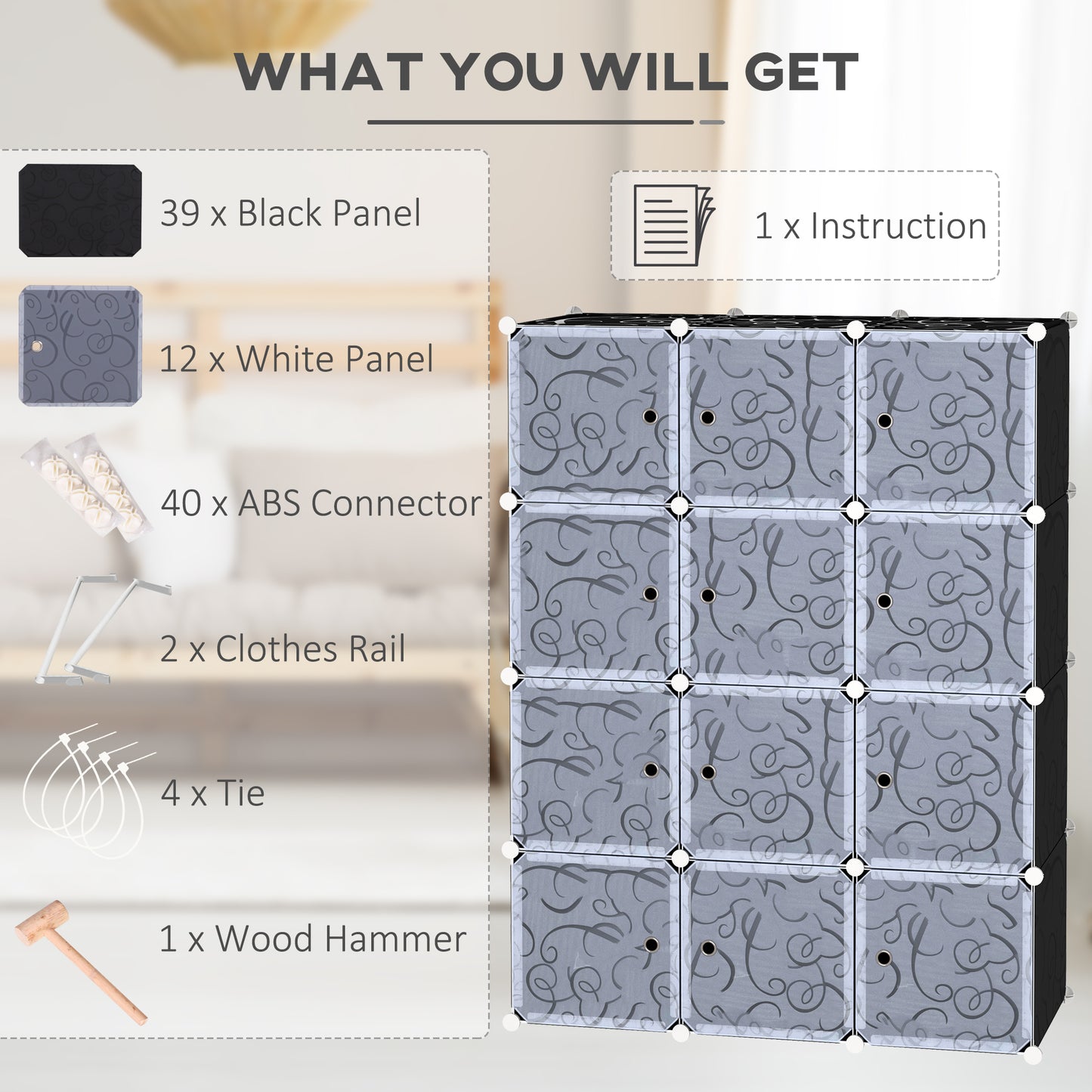 HOMCOM ortable Wardrobe for Bedroom, 12 Cube Closet with 2 Hanging Rails, Modular Storage Cabinet, Plastic Armoire for Space Saving, White and Black