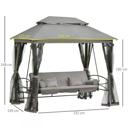 Outsunny 3 Seater Swing Chair 3-in-1 Convertible Garden Swing Seat Bed Gazebo Patio Bench Outdoor with Double Tier Canopy, Cushioned Seat, Mesh Sidewalls, Grey