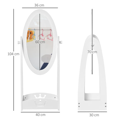 HOMCOM ree Standing Full Length Mirror, Child's Dressing Mirror with storage shelf, Children's White Bedroom Furniture 360° Rotation MDF, For 3- 8 Years Old, 40L x 30W x 104H cm