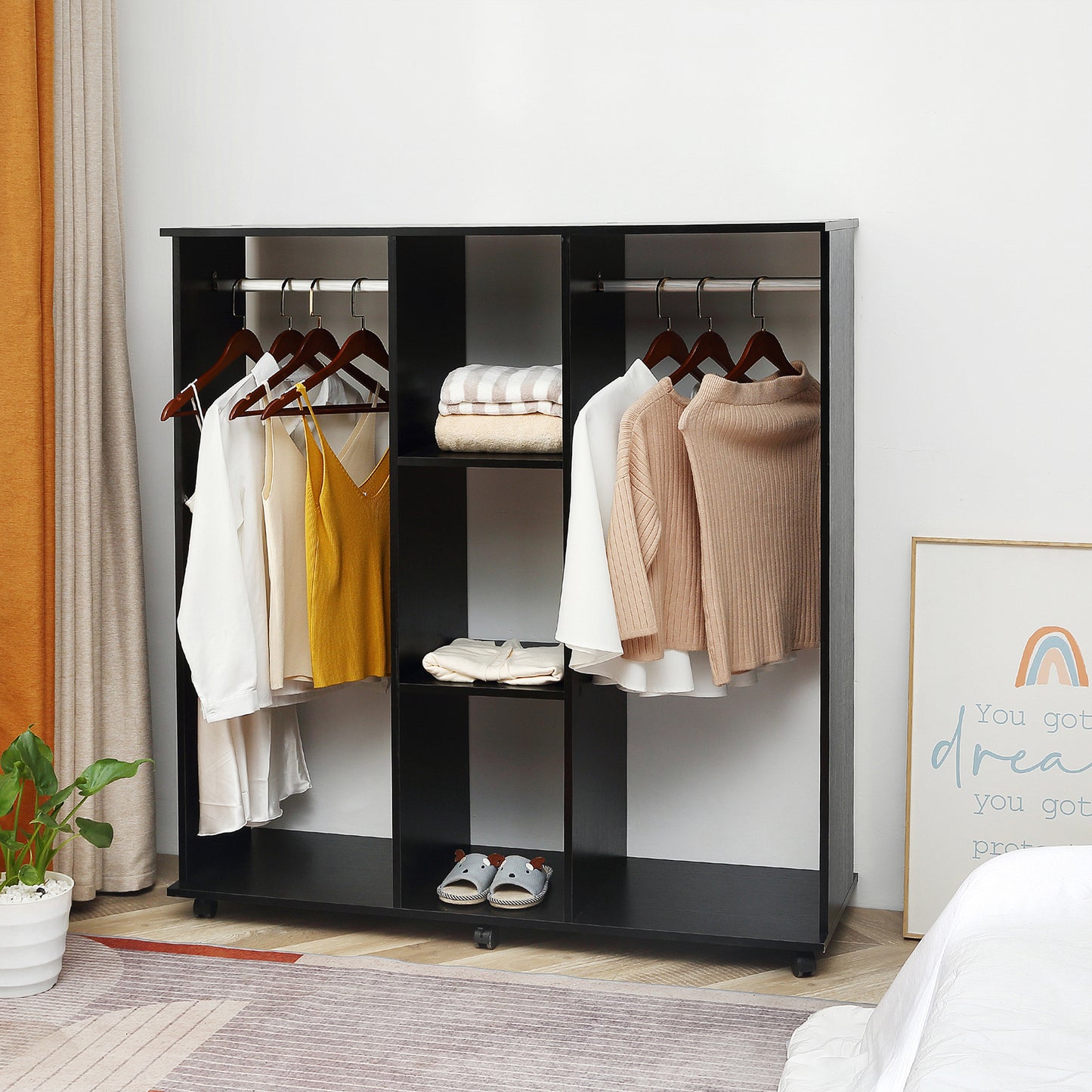 HOMCOM ouble Open Wardrobe on Wheels, Bedroom Wardrobe with Clothes Hanging Rails, 3 Storage Shelves, Mobile Garment Rack for Cloakroom, Hallway, Black