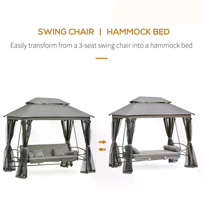 Outsunny 3 Seater Swing Chair 3-in-1 Convertible Garden Swing Seat Bed Gazebo Patio Bench Outdoor with Double Tier Canopy, Cushioned Seat, Mesh Sidewalls, Grey