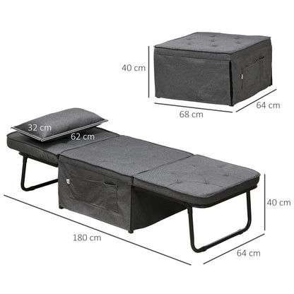 HOMCOM abric Sleeper Chair, Folding Chair Bed with Adjustable Backrest, Pillow, Side Pockets for Living Room, Charcoal Grey