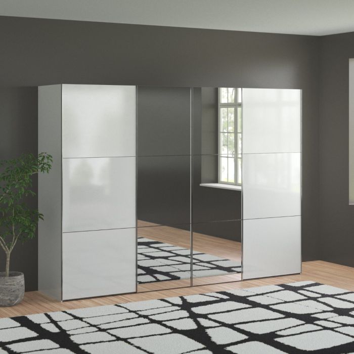 300cm White Sliding Wardrobe with Mirrored Doors | 4 Door Storage Solution for Modern Bedrooms