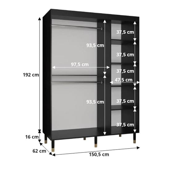 Adel Wooden Wardrobe | Sliding | Black | Shelves & Rails | 2 Doors | 150cm