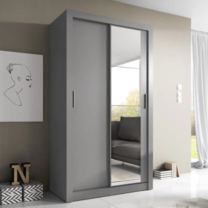 Contemporary Matt Grey Sliding Door Wardrobe with Ample Storage | Sliding | Matt Grey | LED Lighting, Shelves | 2 Doors | 120cm