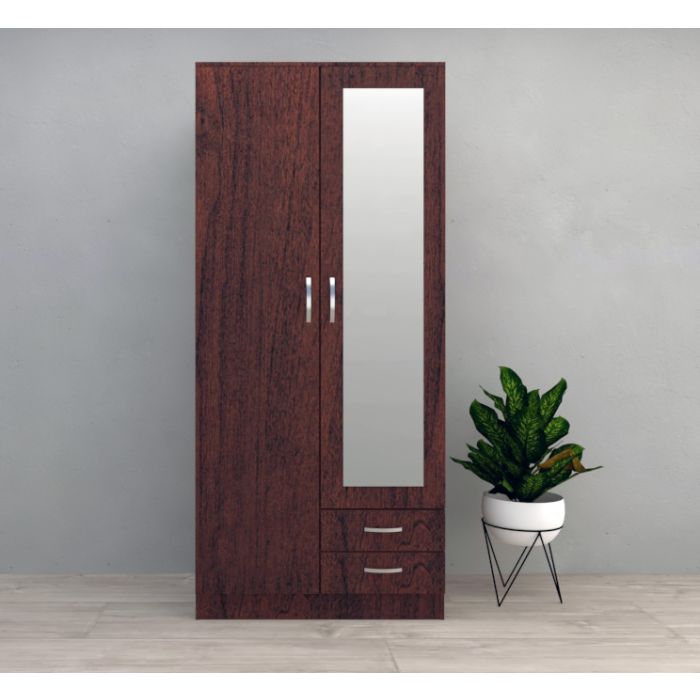 Rome Dark Cherry 2-Door Wardrobe with Mirror and 2 Drawers | Modern Storage Solution by Furco