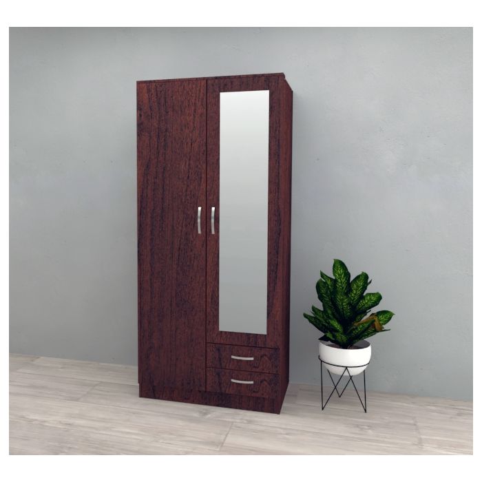 Rome Dark Cherry 2-Door Wardrobe with Mirror and 2 Drawers | Modern Storage Solution by Furco