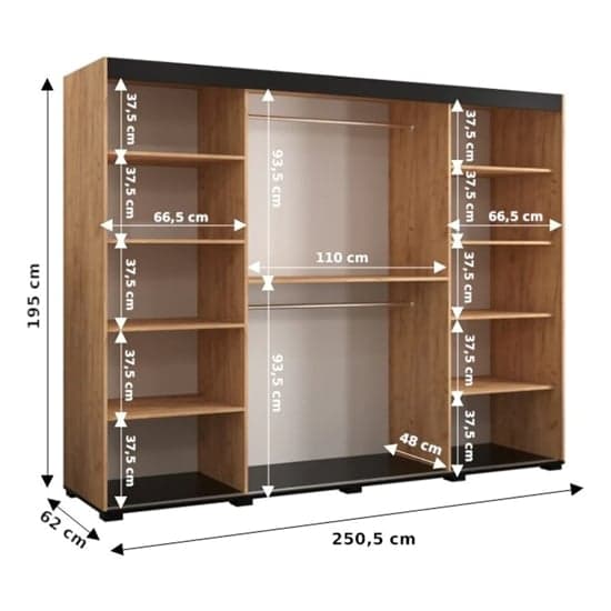 Beilla II 250cm Sliding Wardrobe | Golden Oak | Mirrors | 3 Doors | 250cm