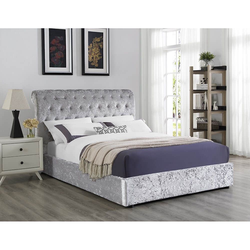 Luxurious Grey Crushed Velvet Double Ottoman Storage Bed - Broxtowe Collection